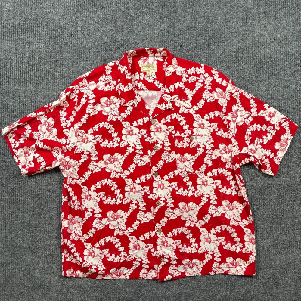 Ocean & Coast Mens Hawaiian Shirt 2XL Red Floral Short‎ Sleeve Tropical Beach
